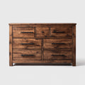 Komoda, 7 rustykalnych brązowych szuflad w litym drewnie sosnowym 150 x 45 x 90 cm prostokątnych