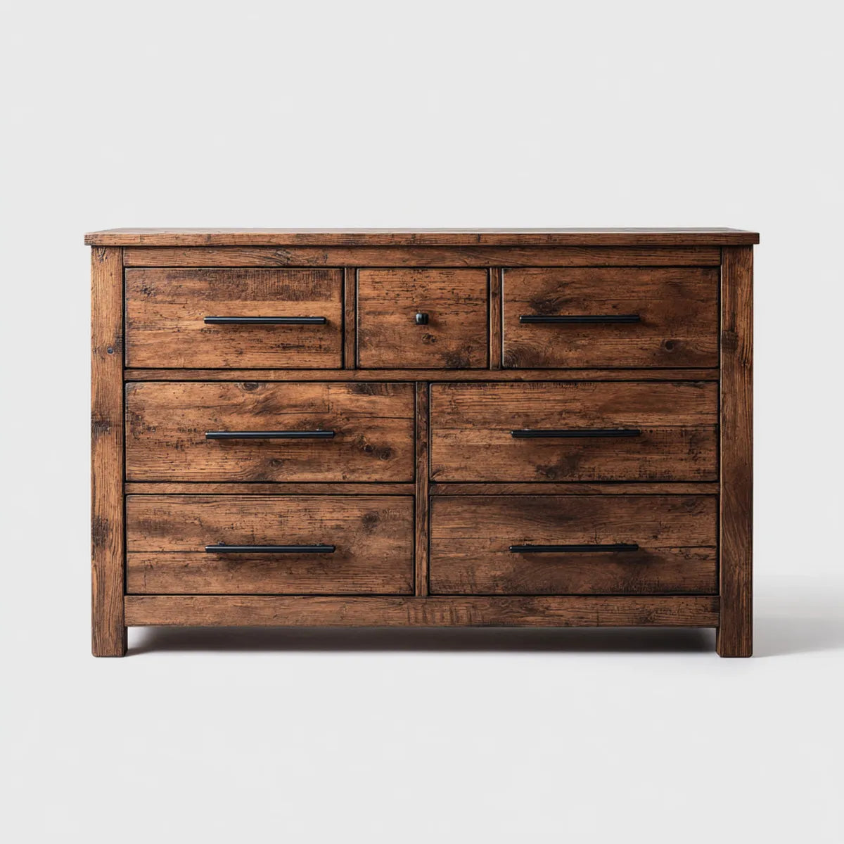 Komoda, 7 rustykalnych brązowych szuflad w litym drewnie sosnowym 150 x 45 x 90 cm prostokątnych