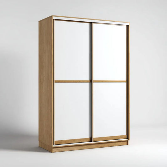 Szafa, Biała podwójna szafa drzwiowa z dekorem z dębu z dekorowaniem w deskorolce, 120 x 60 x 200 cm