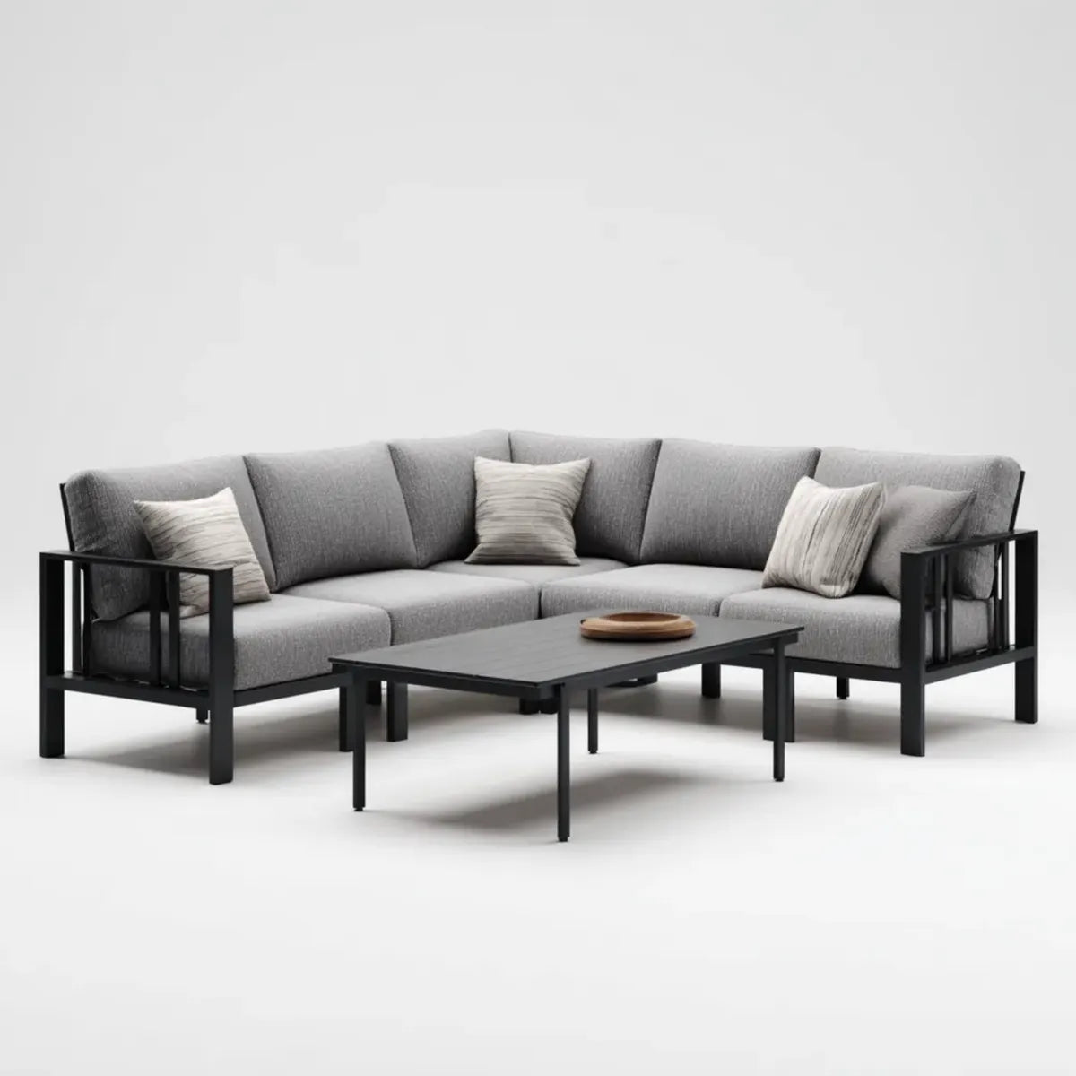 Sofa ogrodowa, Taras loungeset narożna kanapa z stolik kawy szary czarny 240 x 160 cm stal poliester kształt L