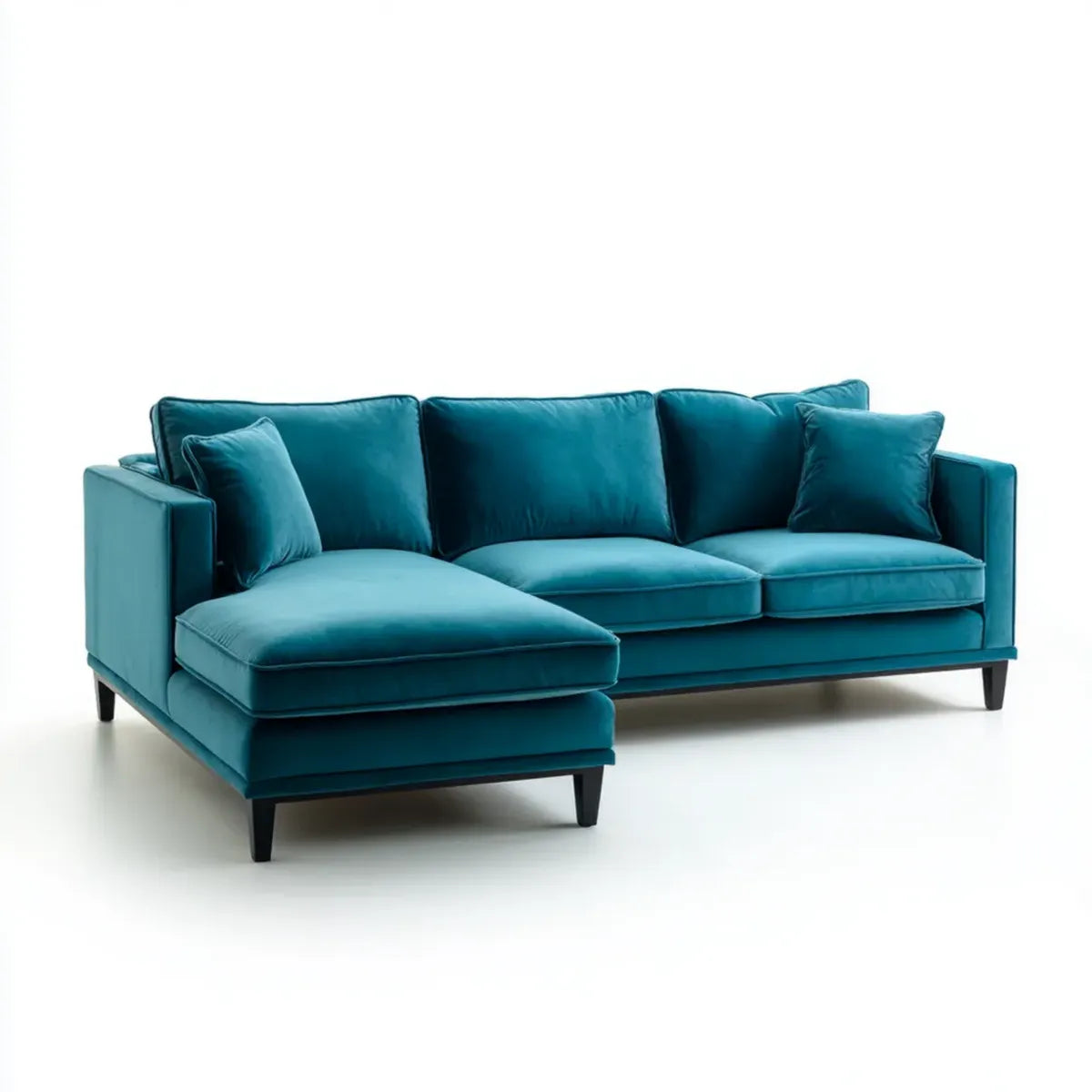 Sofa, 3 fotela narożna sofa z szezlongiem lewym niebieskim kaczka poliester aksamit 250 x 160 x 85 cm