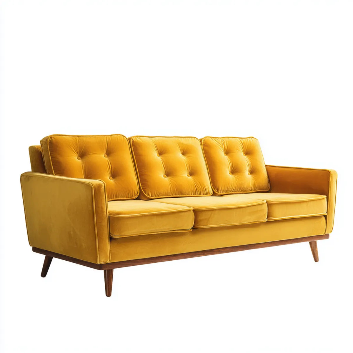 Sofa, 3 fotela prosta sofa żółty musztarda poliester aksamit 210 x 88 x 84 cm z litych drewnianych nóg