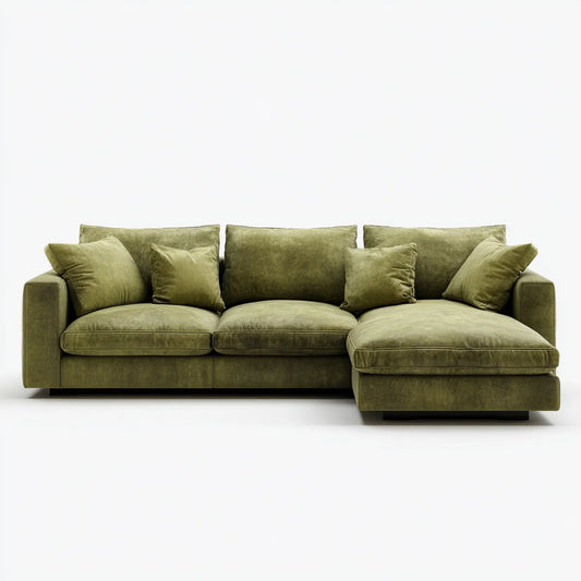 Sofa, 3 fotela w prawym rogu w poliestrowym aksamitnym oliwkowym zielonym 280 x 160 x 85 cm