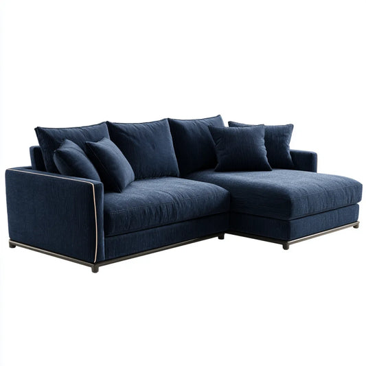 Sofa, 3 fotela narożna fotela granatowy w poliestrowym żebrowanym aksamicie z prawej szezlong 280 x 170 x 85 cm