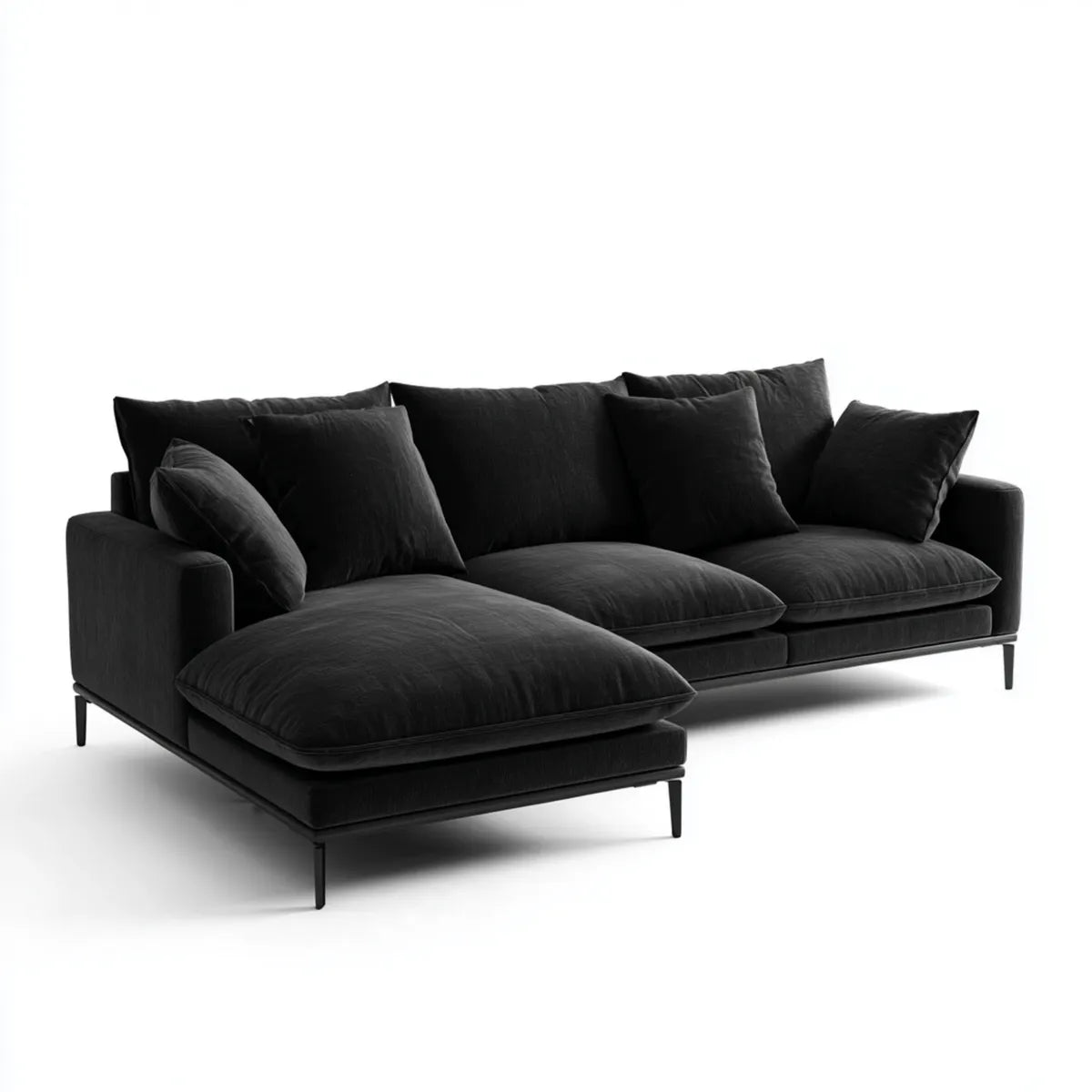 Sofa, 4 fotela w kolorze czarnym 290 x 170 x 85 cm aksamit poliestrowy ze stalową nogą w kształcie L