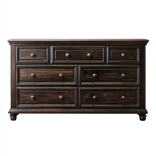Komoda, Koszyk 7 ciemnobrązowych szuflad 150 x 45 x 90 cm w MDF i prostokątnym drewnie litym