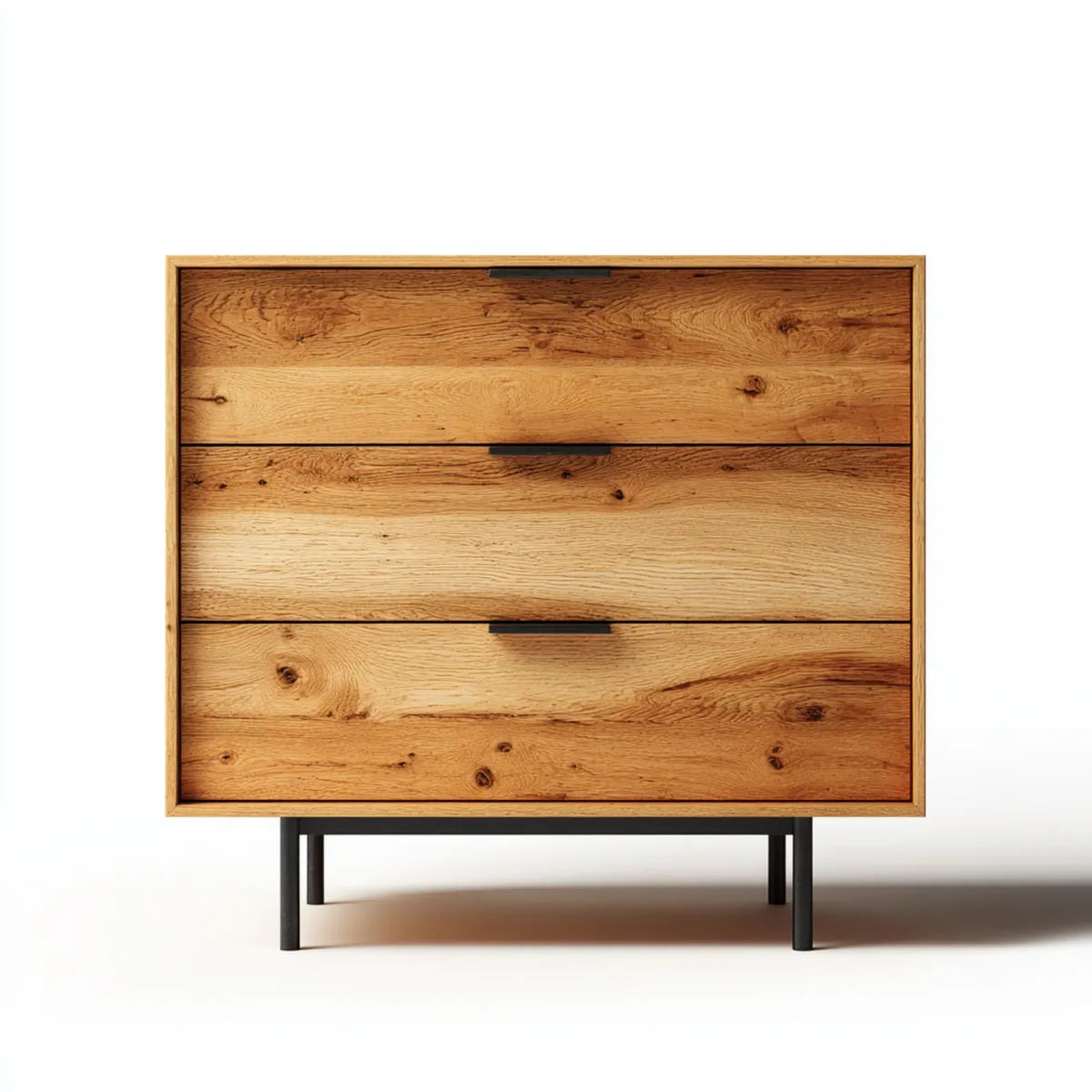 Komoda, 3 szuflady w naturalnym dębie litym z czarnymi nogami 100 x 45 x 110 cm