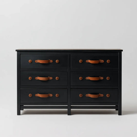 Komoda, 6 szuflad czarny 140 x 45 x 85 cm prostokątna MDF z uchwytami w brązowym PU
