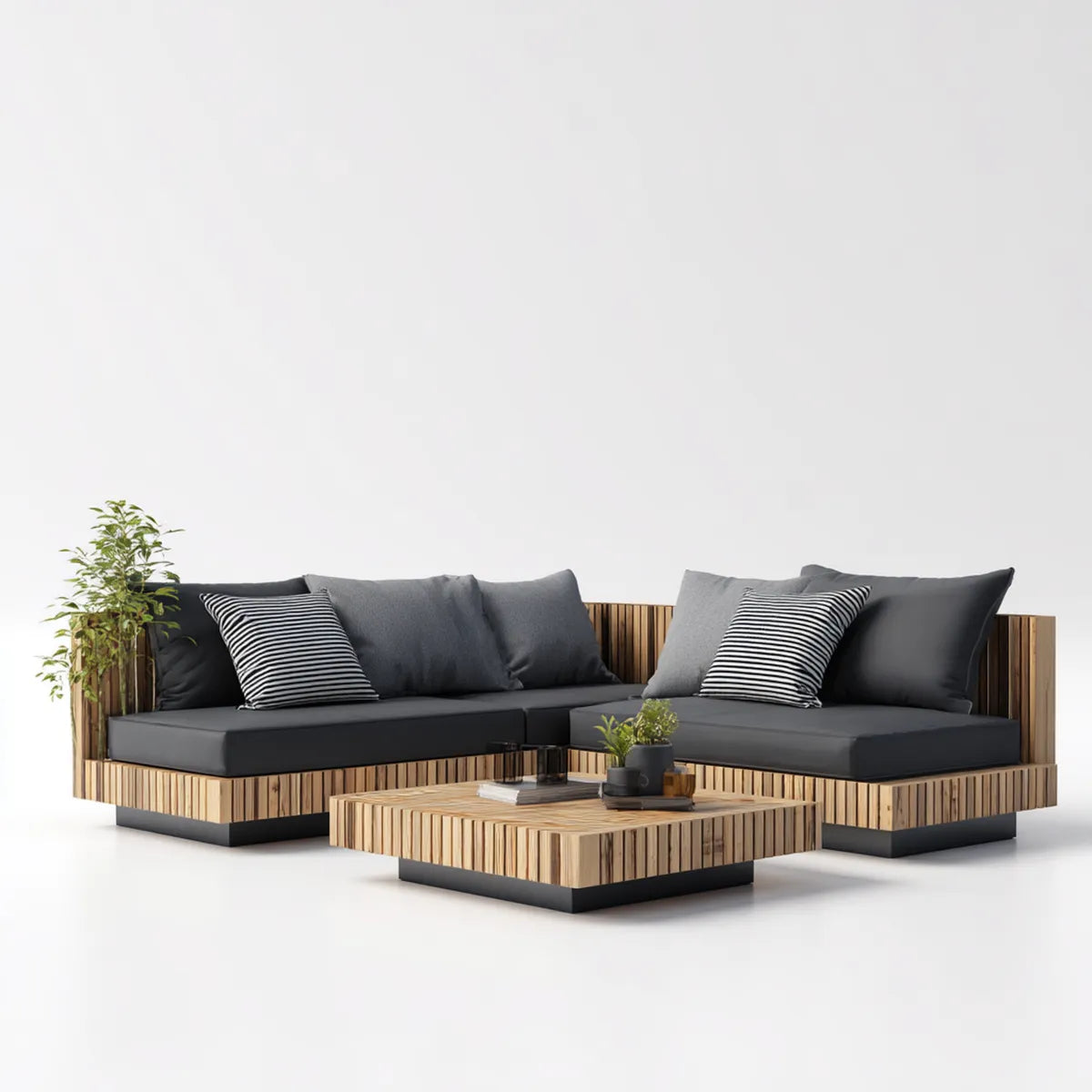 Sofa ogrodowa, Taras loungeset Czarna naturalna z bambusa i aluminium kształt litery 220 x 220 cm ze stołem kawowym