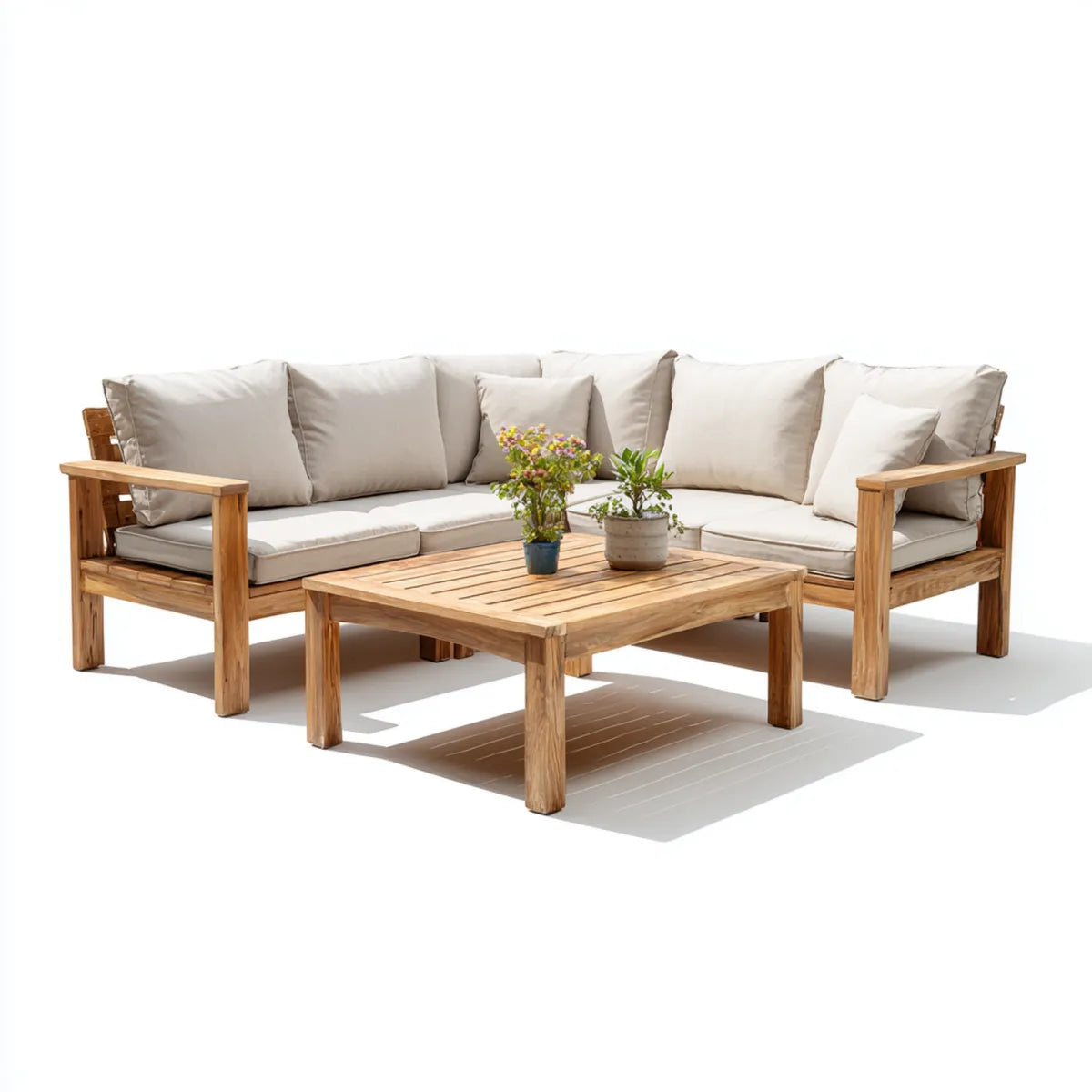 Sofa ogrodowa, 3-częściowy ogród salon zestaw narożna kanapa z beżowy stół acacia drewna 220 x 220 cm