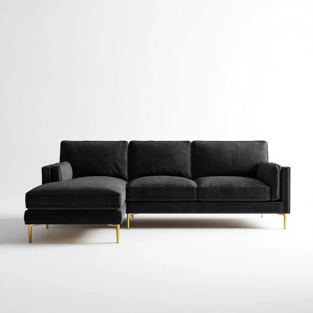 Sofa, 3 fotela czarny 3 narożna sofa 260 x 160 cm poliester aksamit, jak ze złota stalowe nogi