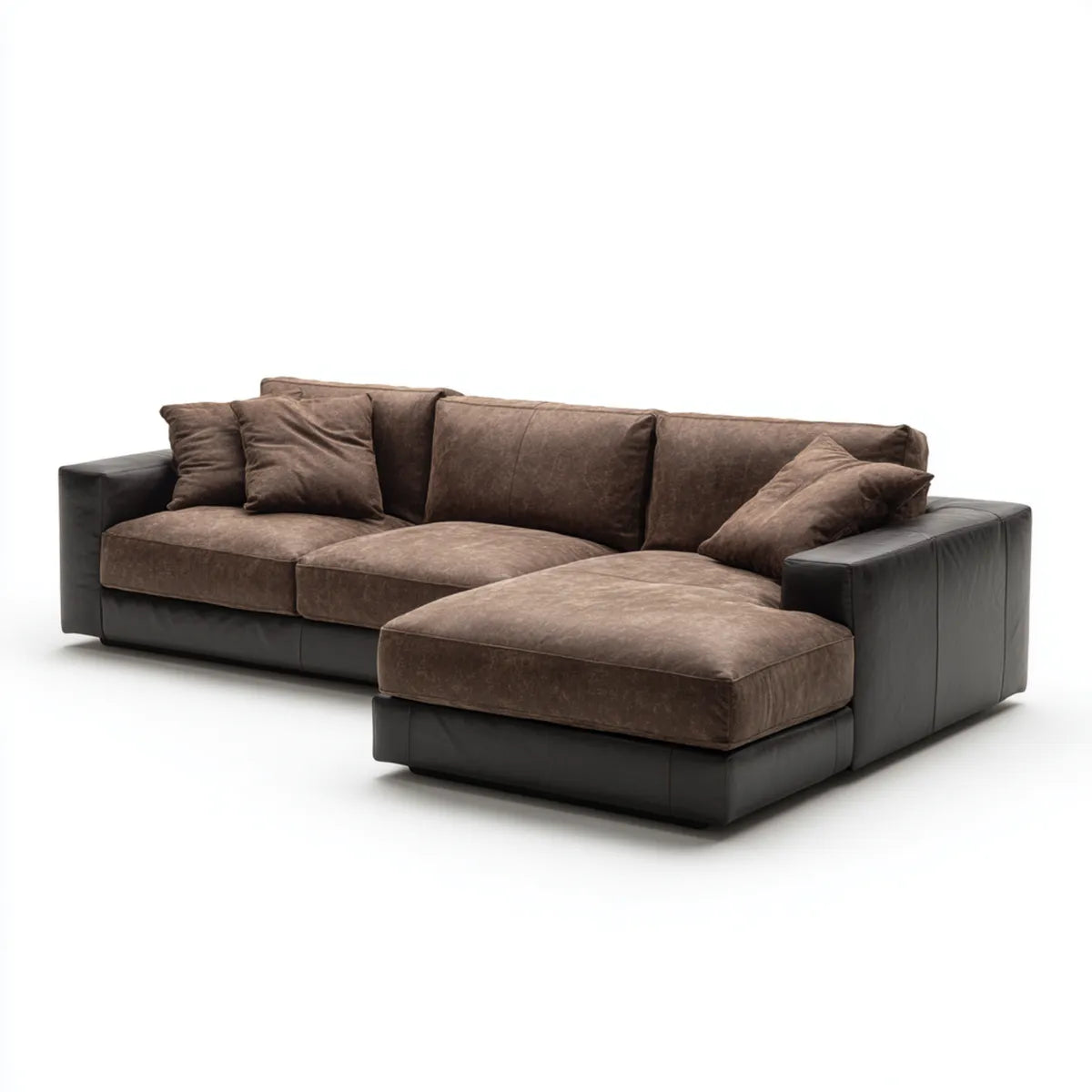 Sofa, 4 fotela z prostym szezlongiem brązowym i czarnym w poliestrowym mikrofibrze i PU 280 x 165 x 85 cm
