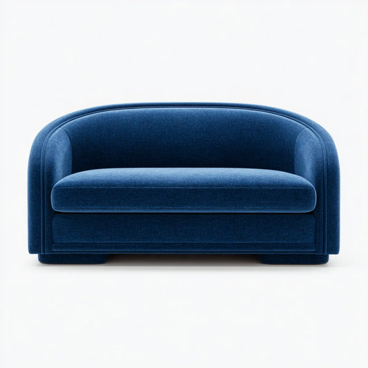 Sofa, Niebieska sofa w poliestrowym aksamicie o zaokrąglonym kształcie 140 x 80 x 75 cm