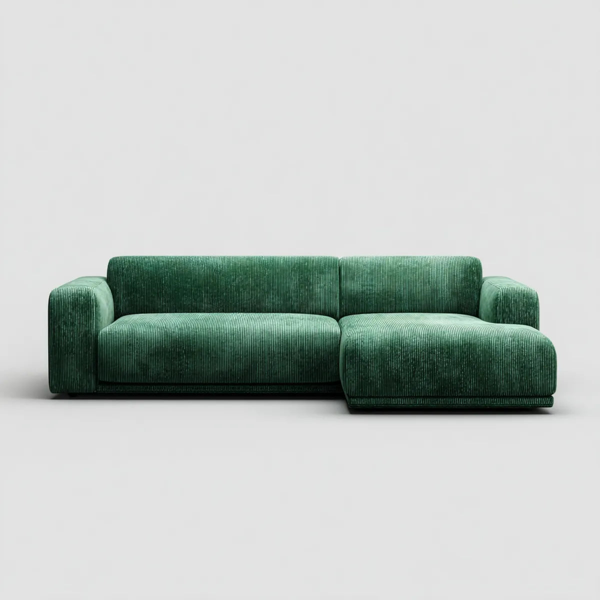 Sofa, Kanapa narożna z prawej strony szezlong zielony w poliestrowym żebrowanym aksamicie 250 x 160 x 78 cm