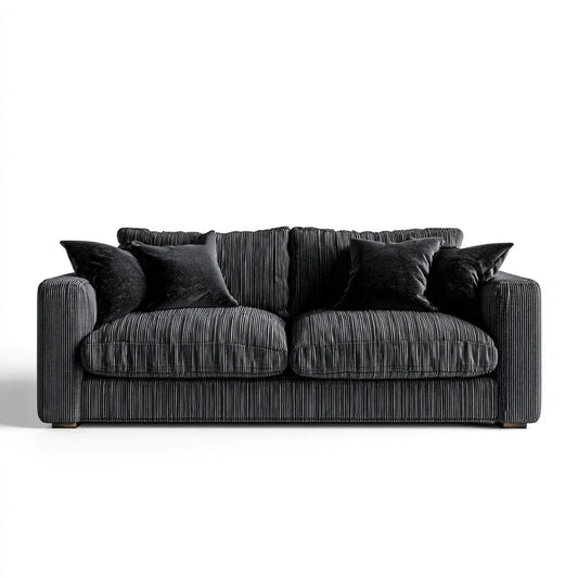 Sofa, 2 fotela czarna 180 x 95 x 85 cm w poliestrowym, żebrowanym aksamicie szkła