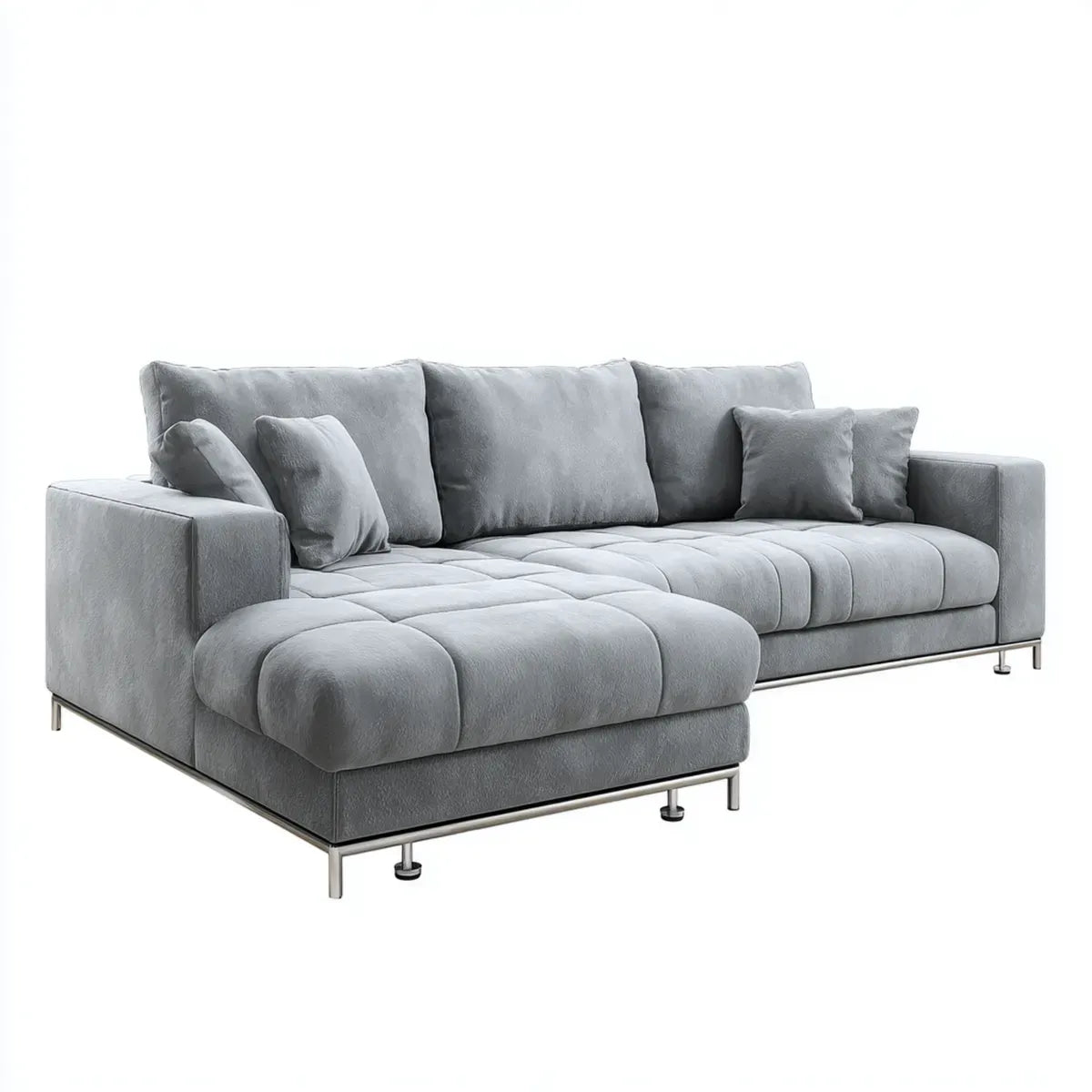 Sofa, 4 szare poliestrowe aksamitne sofa z szezlongiem 280 x 160 x 85 cm