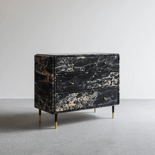 Komoda, 3 szuflady czarny marmur efekt 80 x 40 x 75 cm prostokątna MDF