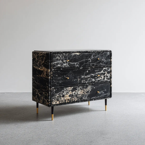 Komoda, 3 szuflady czarny marmur efekt 80 x 40 x 75 cm prostokątna MDF